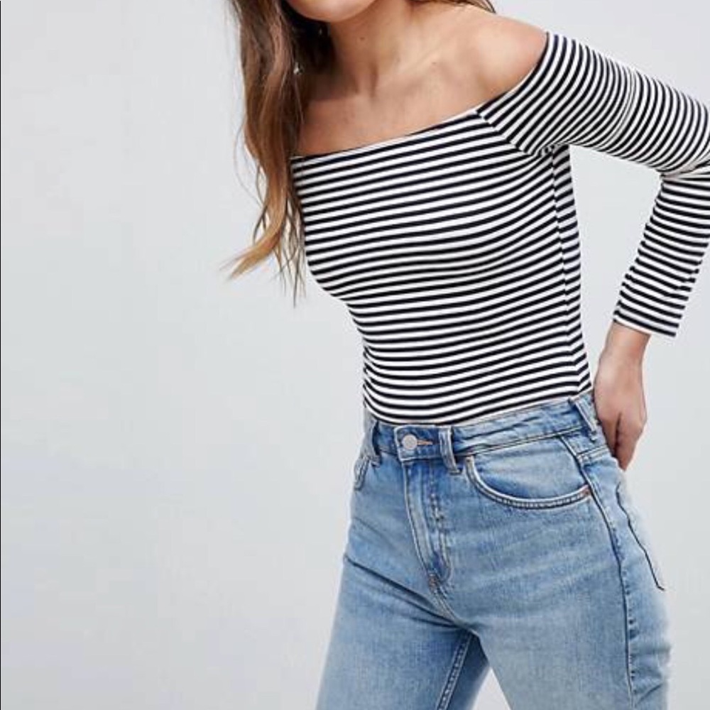 Forever 21 Black and White Striped Off-Shoulder Top